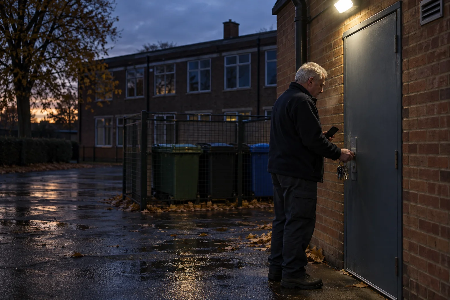 A school caretaker locks an outside door at dusk