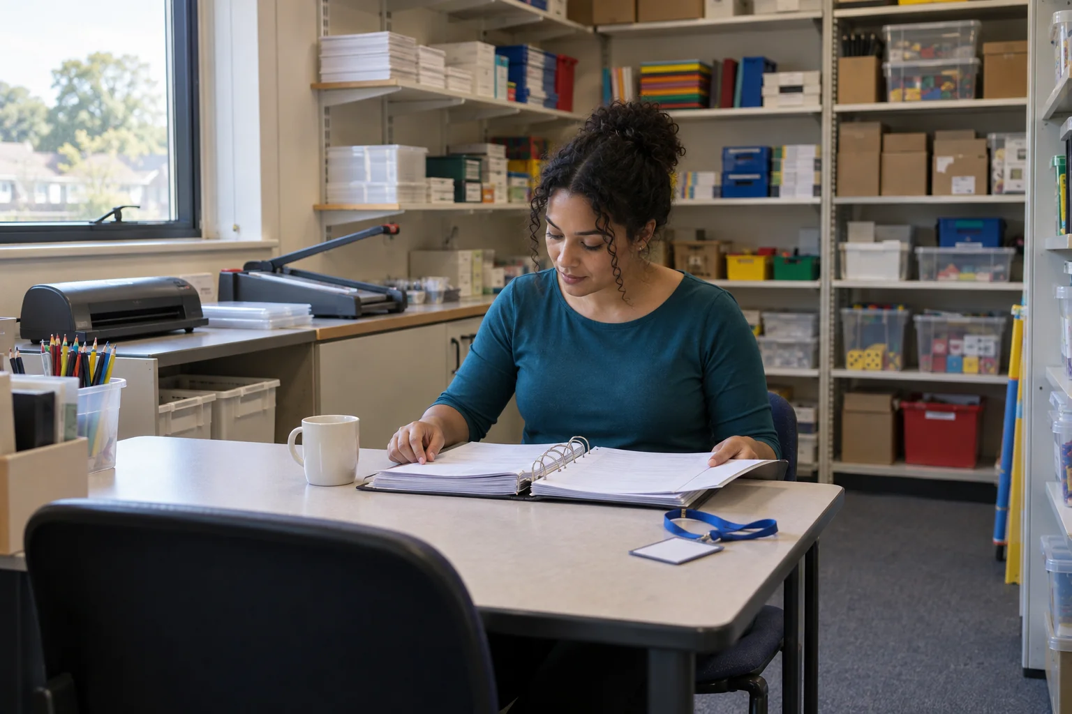 A member of school staff reviews a ring binder in a resource office