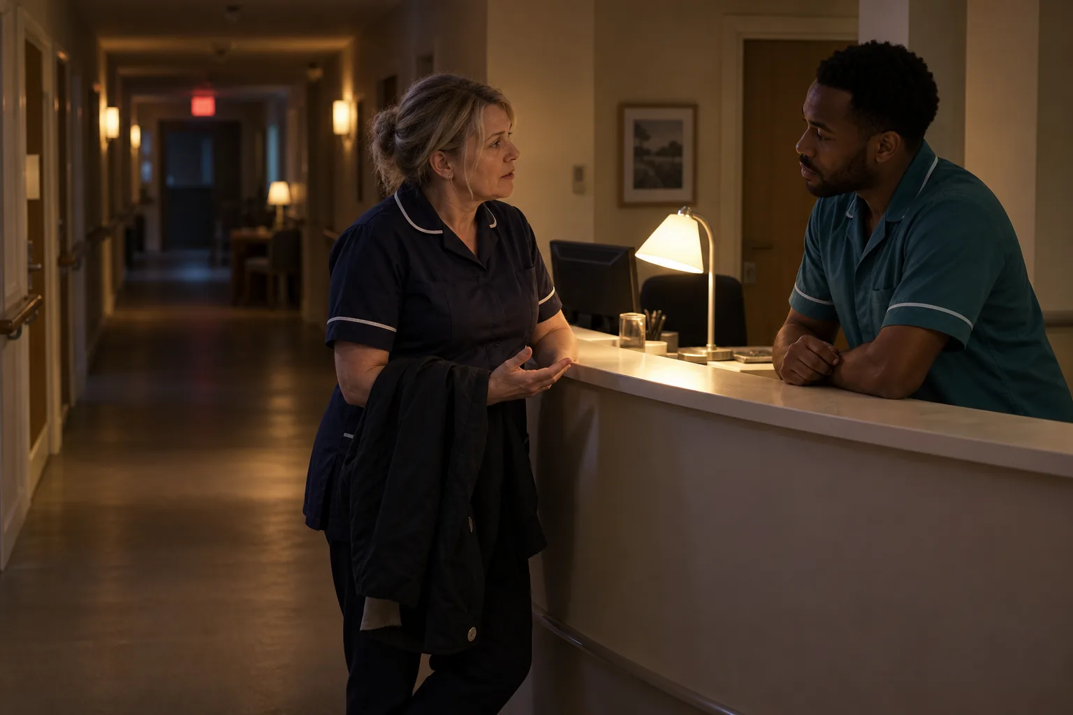 Two care workers hand over at a dimly lit nurses' station during the night shift, a single desk lamp on