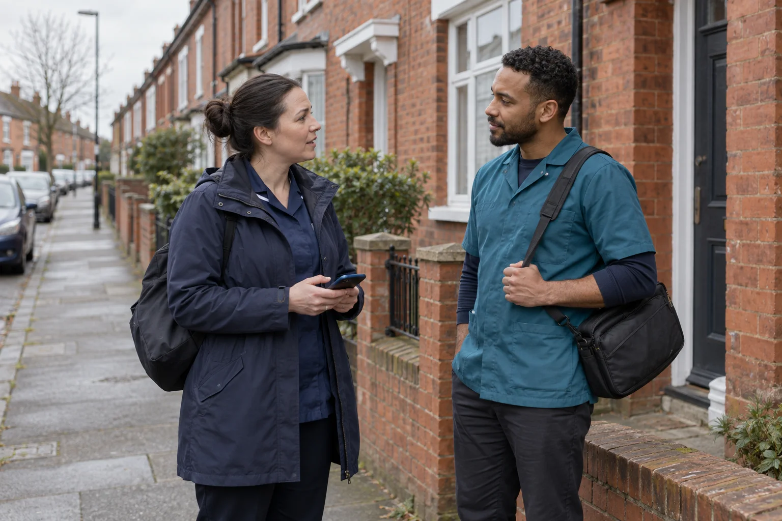 Care colleagues exchanging an update outside a home