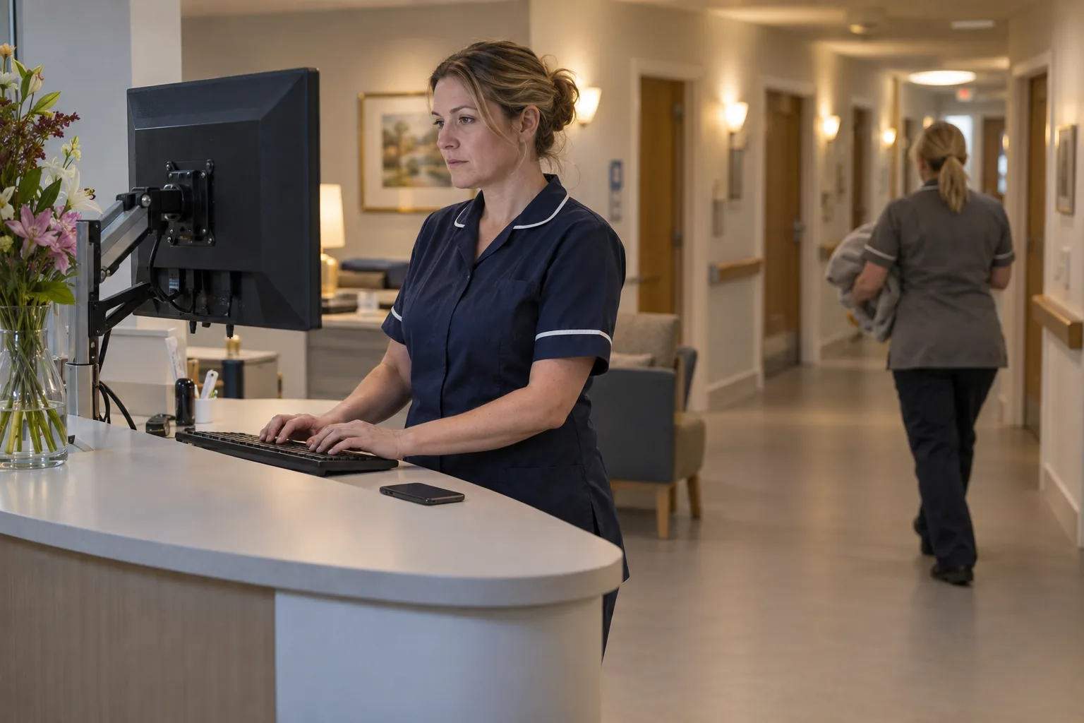 A hospice ward manager at a nurses’ station types on a wall-mounted workstation while her personal phone lies face down on the counter