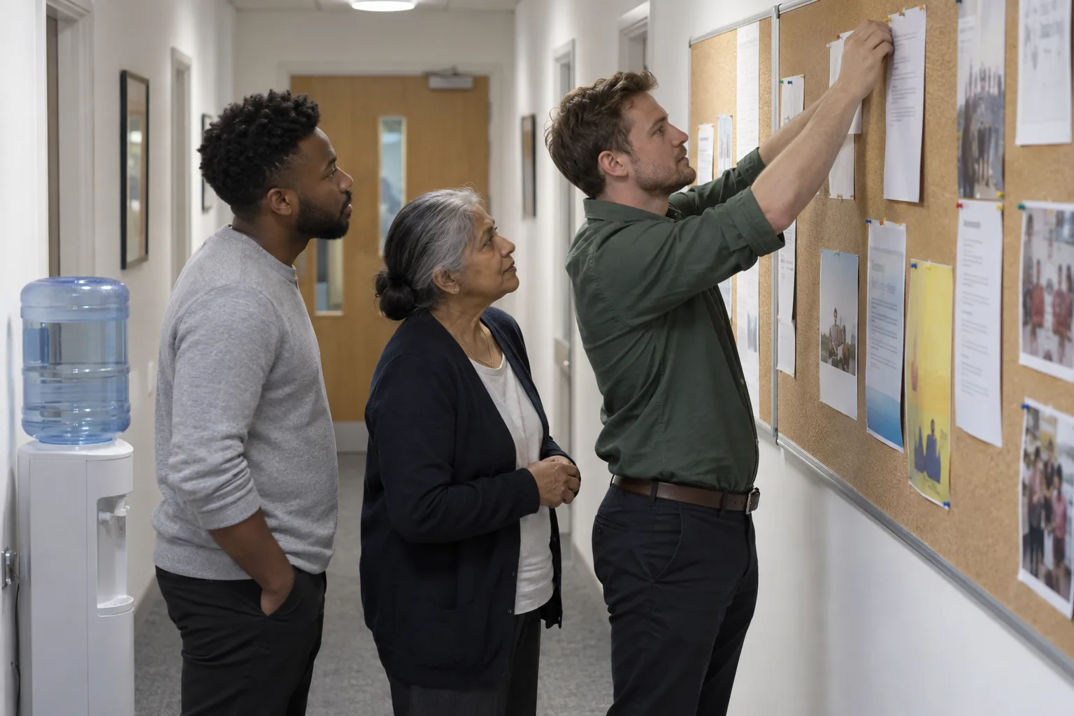 A charity’s operations manager pins the last page of a new policy to a corridor noticeboard while two colleagues read the first, the pages blank at this distance
