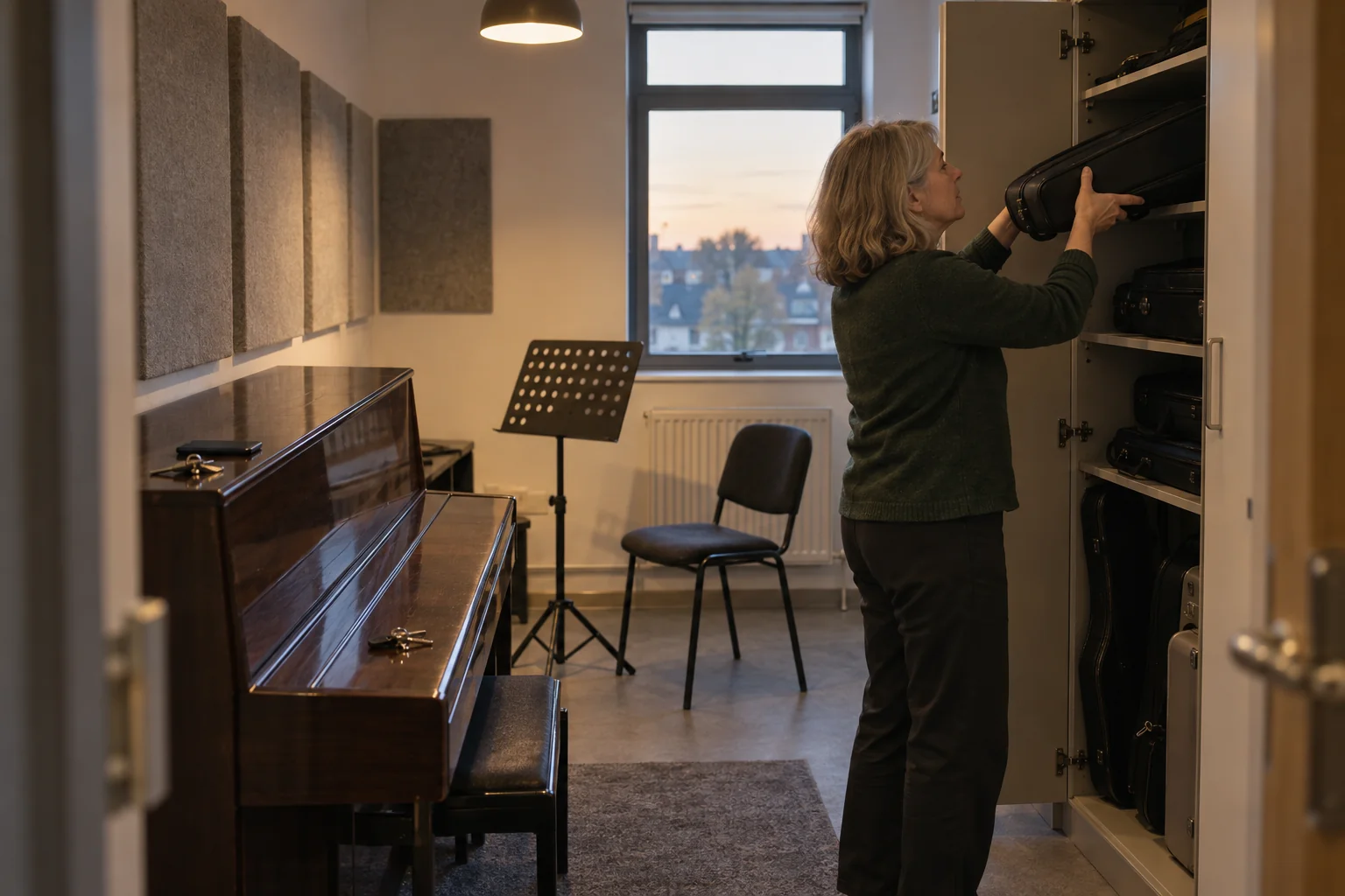 A music teacher puts an instrument case into a cupboard in an empty practice room