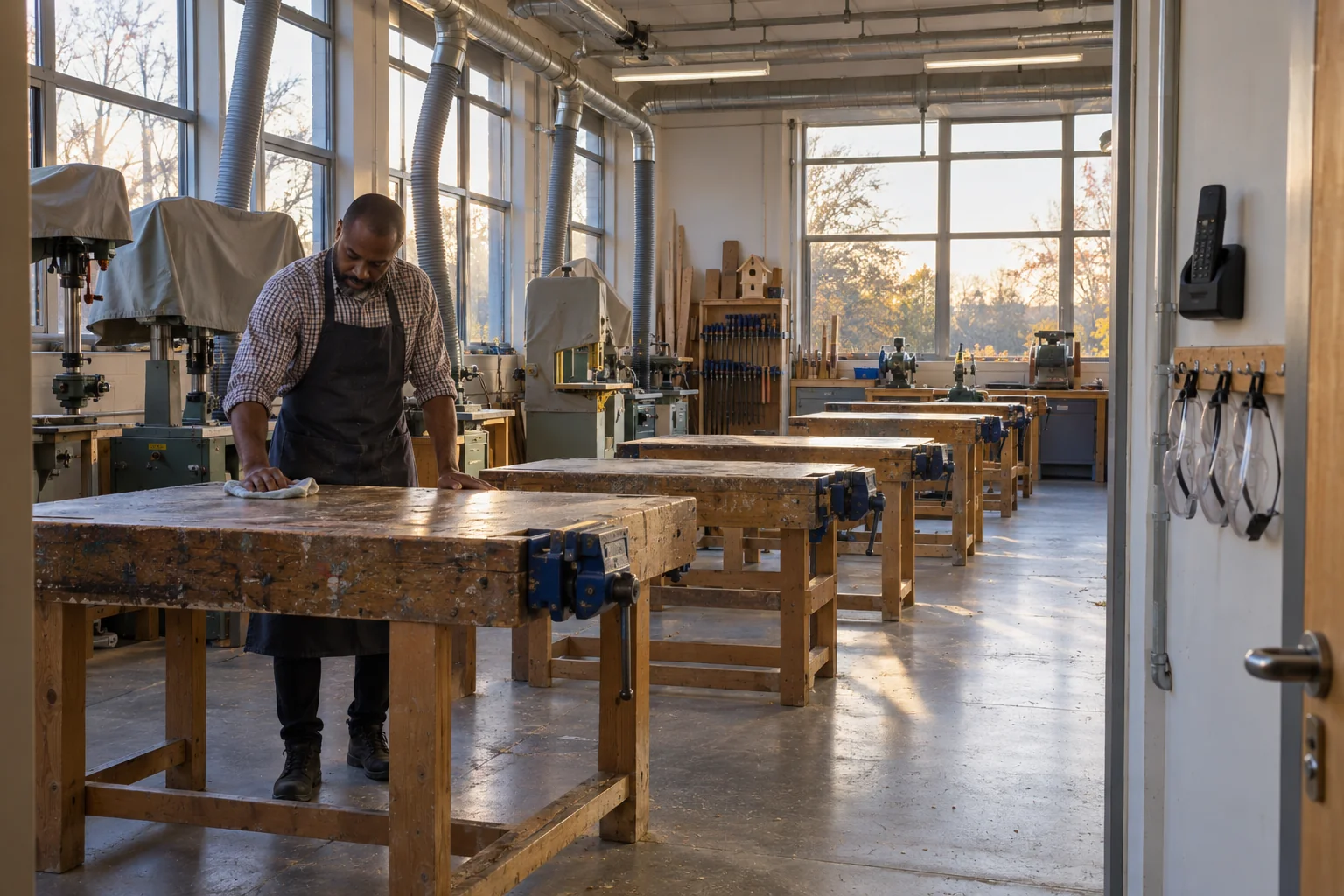 A teacher wipes a workbench in an empty school workshop after lessons
