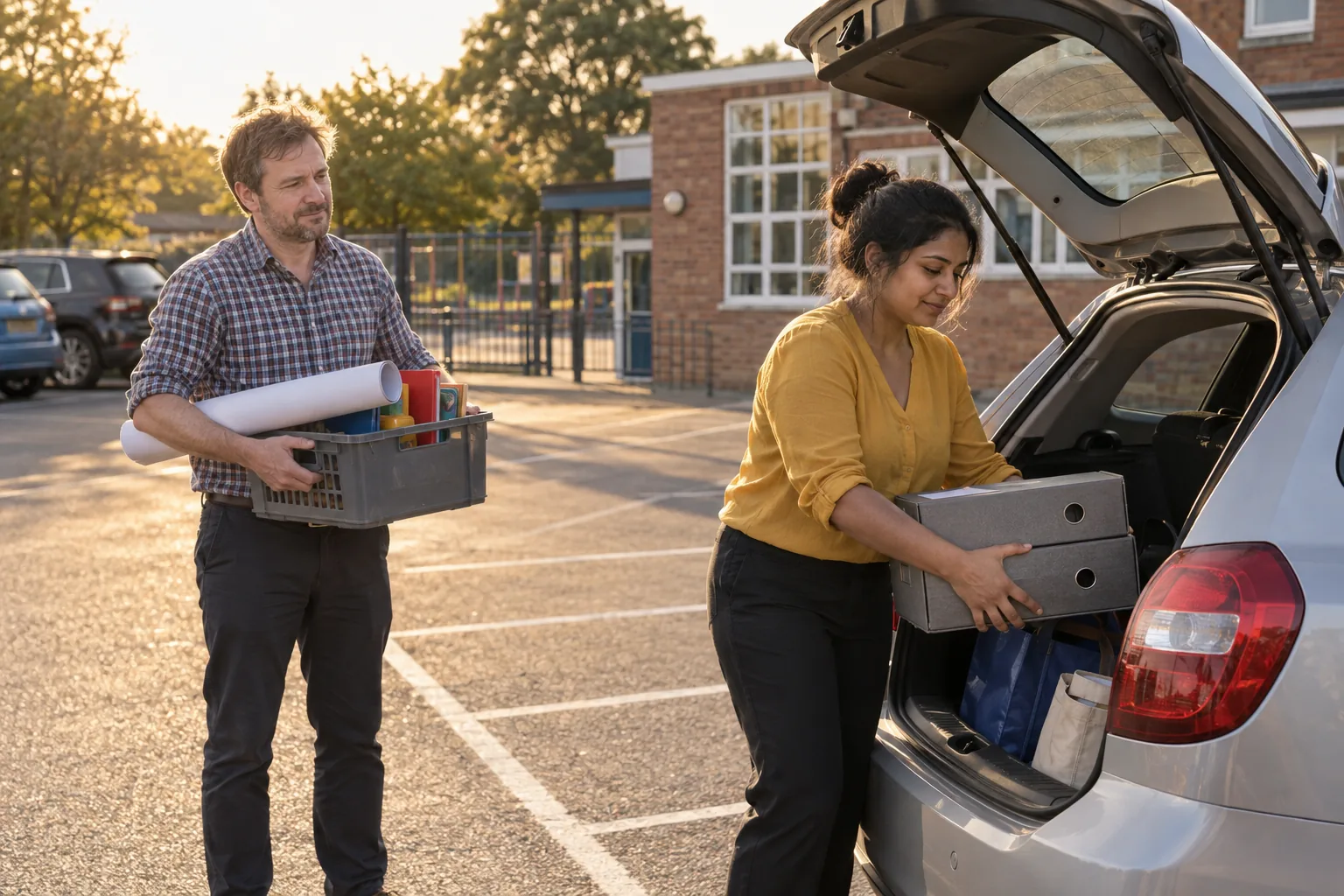 Two teachers load box files into a car boot in a school car park at the end of term, low evening sun