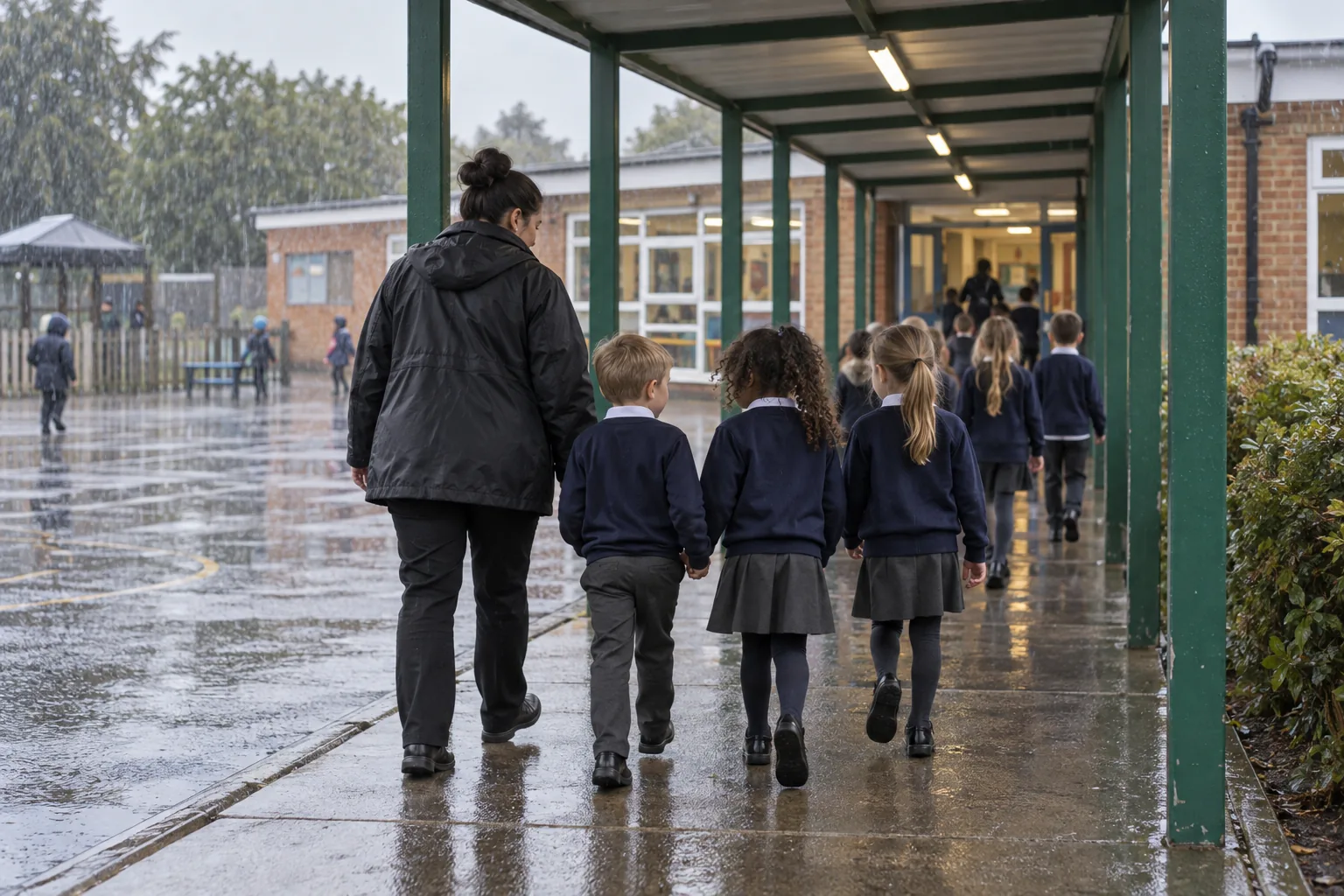 A teaching assistant in a waterproof jacket walks hand in hand with a line of pupils, seen from behind, under a covered walkway towards the dining hall on a rainy lunchtime