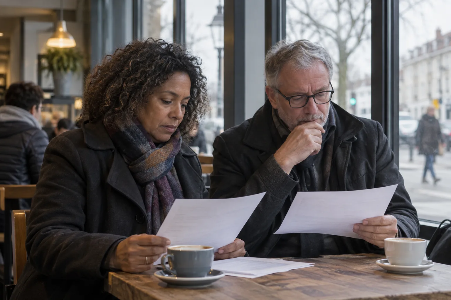 Two trustees of a small housing charity reading printed papers side by side at a café table by a window on a grey morning, coats still on