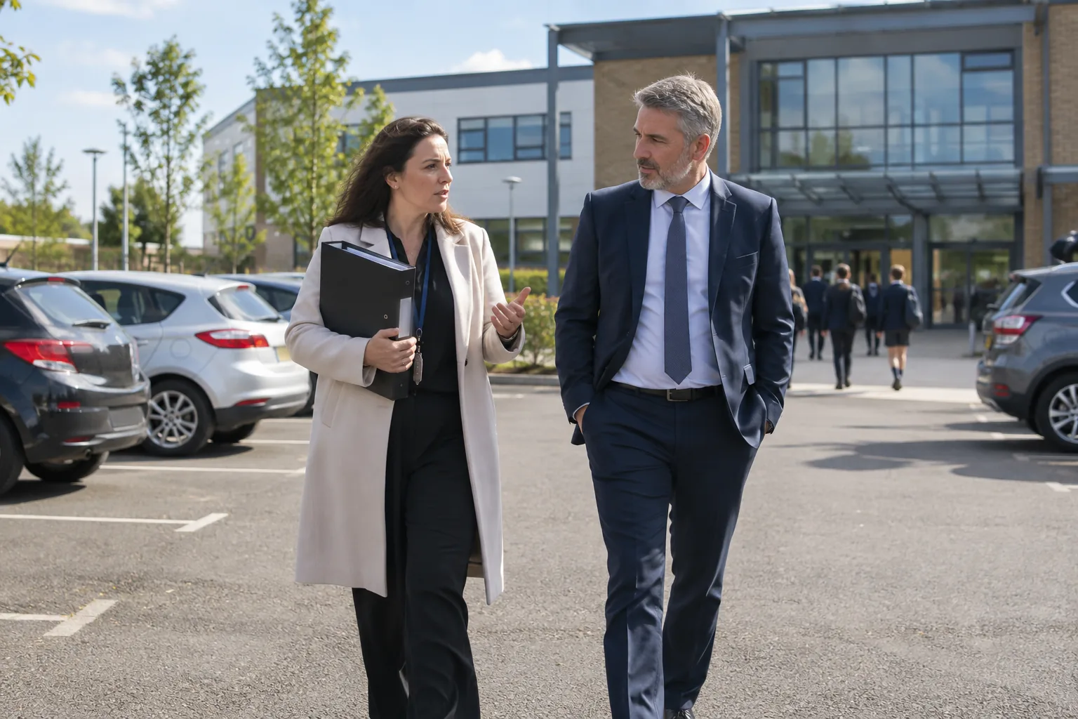 A school data protection lead walking across a sunny academy car park with a lever-arch file under her arm, talking to the headteacher beside her
