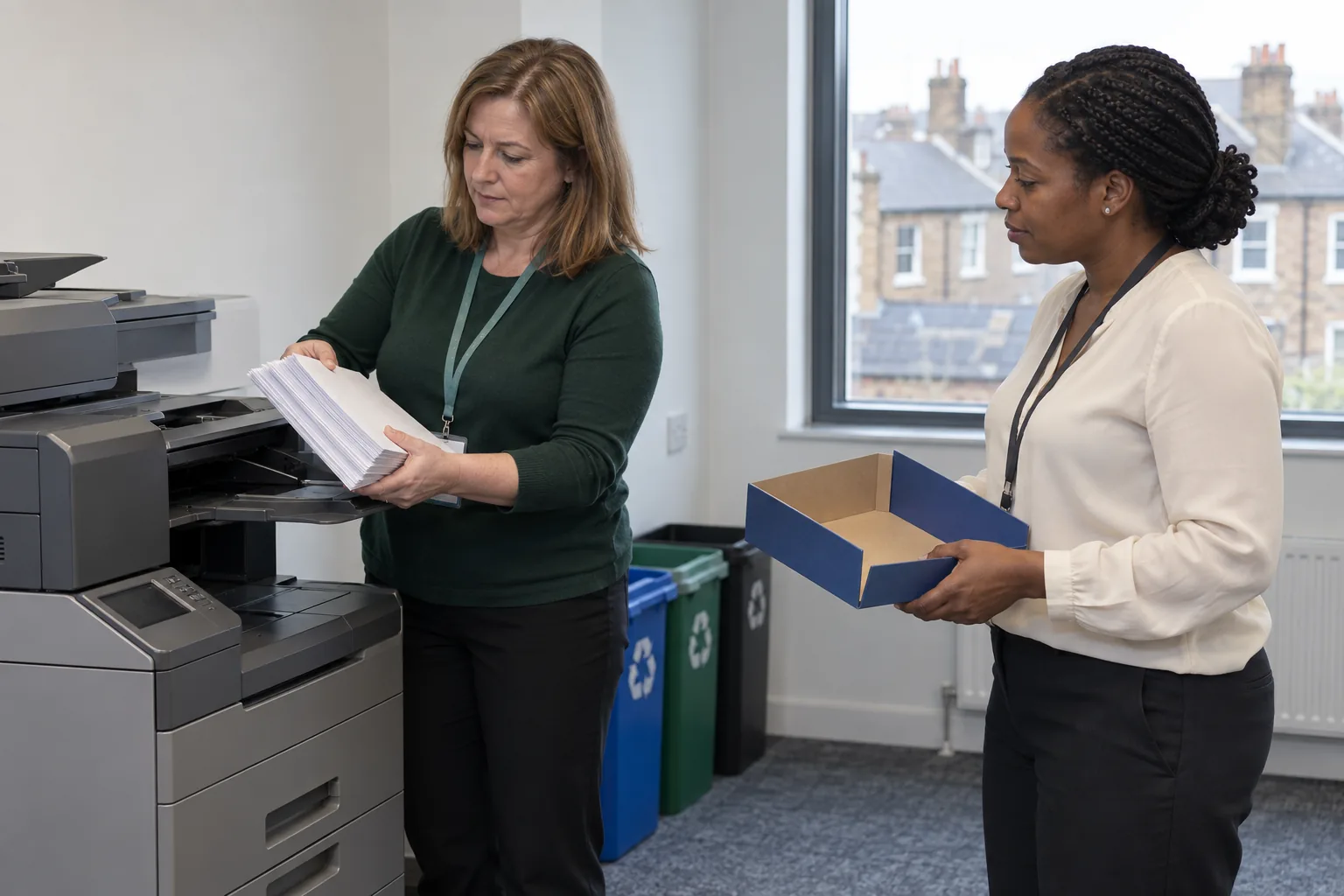 An HR officer collects a thick printed bundle from a large office printer, a colleague waiting beside her with a plain folder