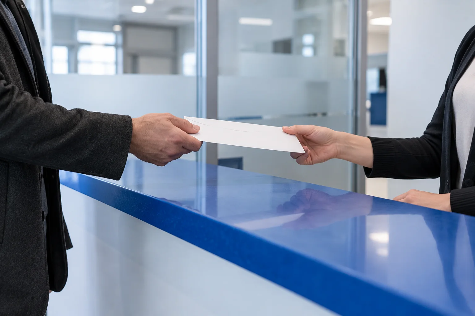 A request being handed over at a reception counter