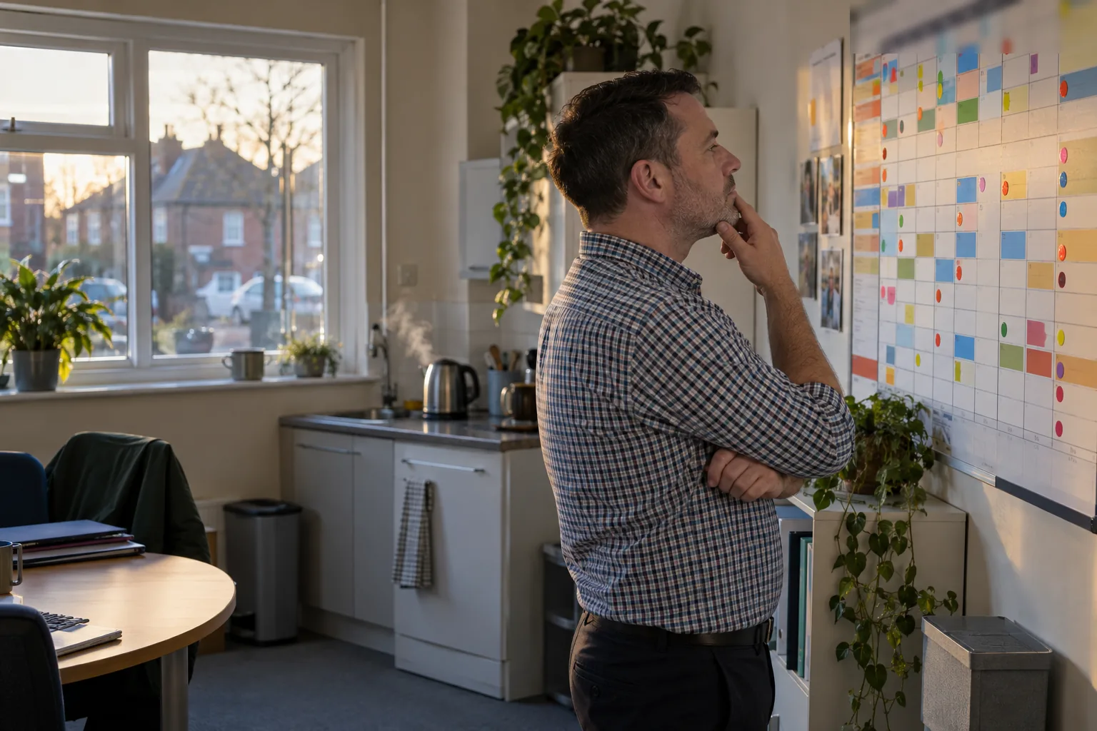 The deputy manager of a supported living service studies a large wall planner of staff supervision dates in a small office while the kettle boils behind him