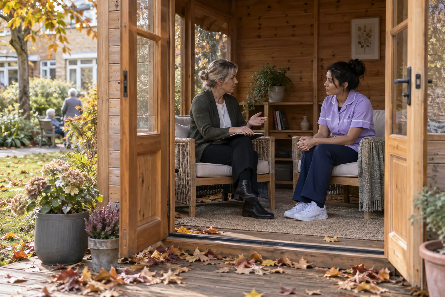 A registered manager and a care assistant sit facing each other in a wooden summerhouse in a care home garden during a one-to-one supervision, autumn leaves on the decking