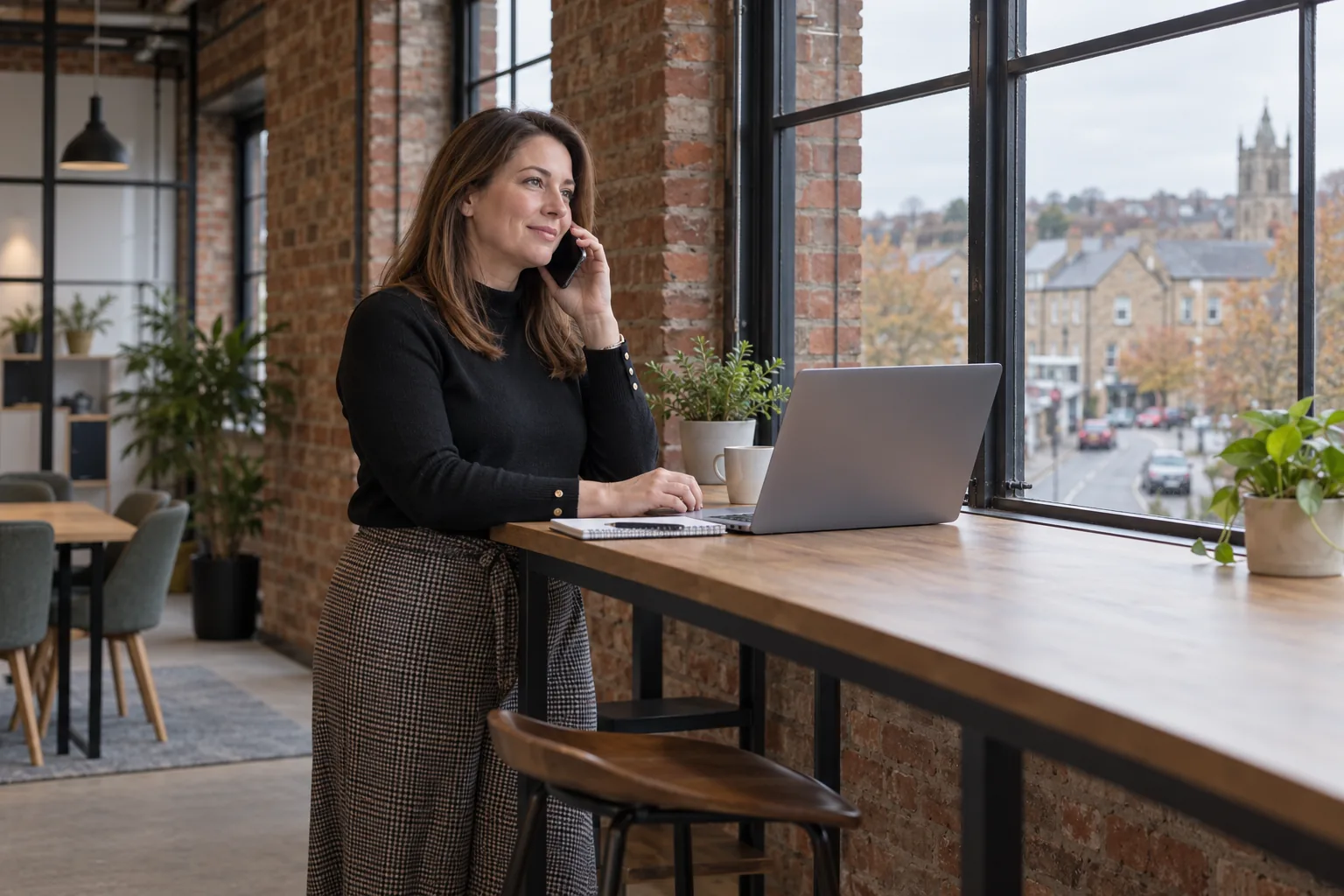 An HR officer at a multi-academy trust's central office, in a converted brick mill, stands alone at a high desk by a tall window overlooking a town street, phone to her ear and a laptop open with its screen turned away, on a grey autumn morning