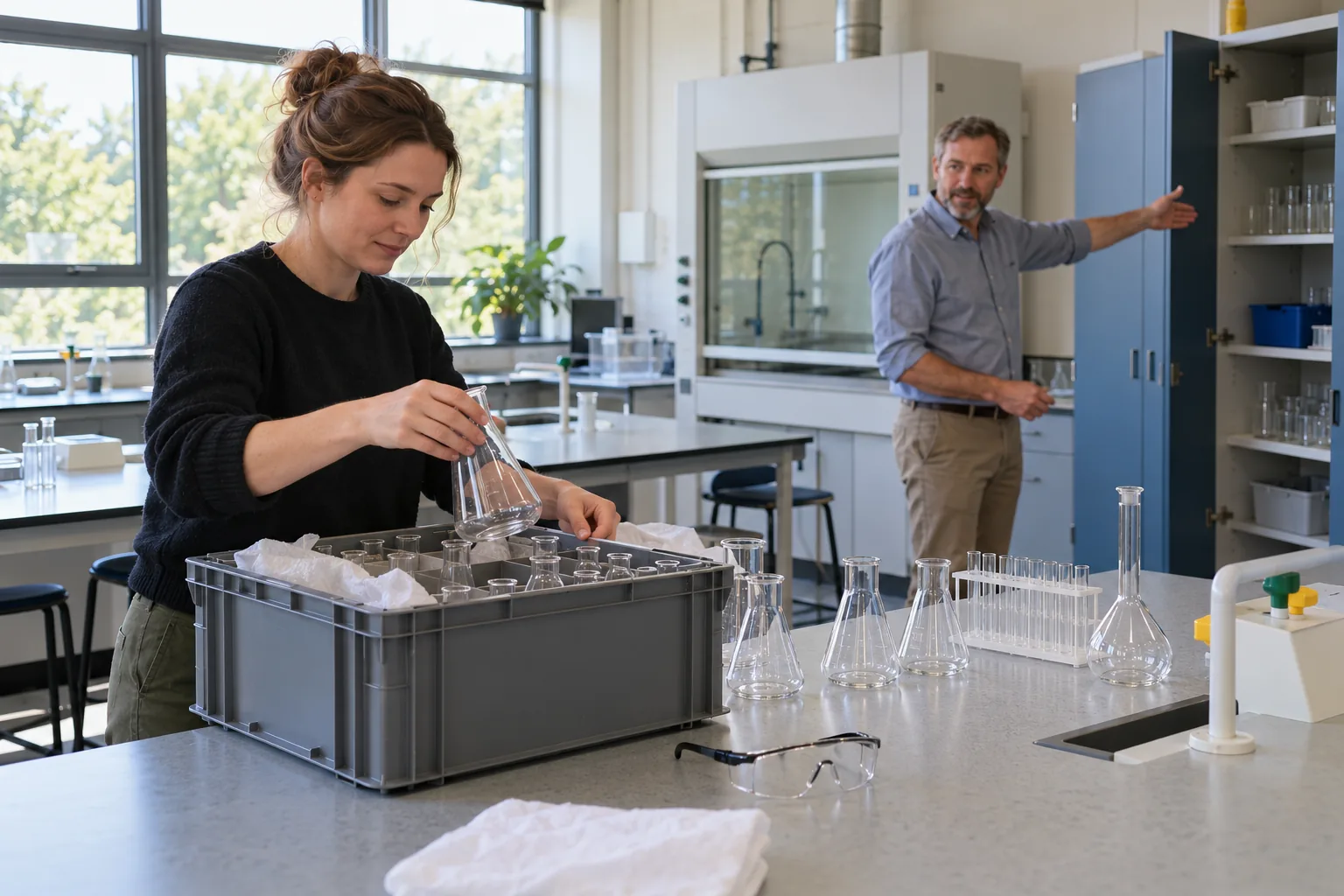 In a secondary school science laboratory a few days before term, a newly appointed teacher unpacks a crate of glassware onto a bench while the head of department, standing by the closed fume cupboard across the room, points out where things are kept, safety glasses on the bench and late-summer light through tall windows