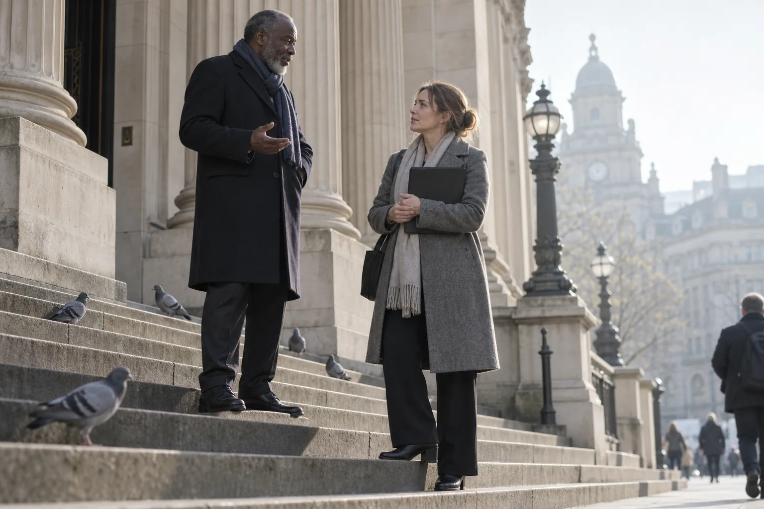 A charity treasurer and chair pause on the stone steps of a civic building, one holding a bound report closed