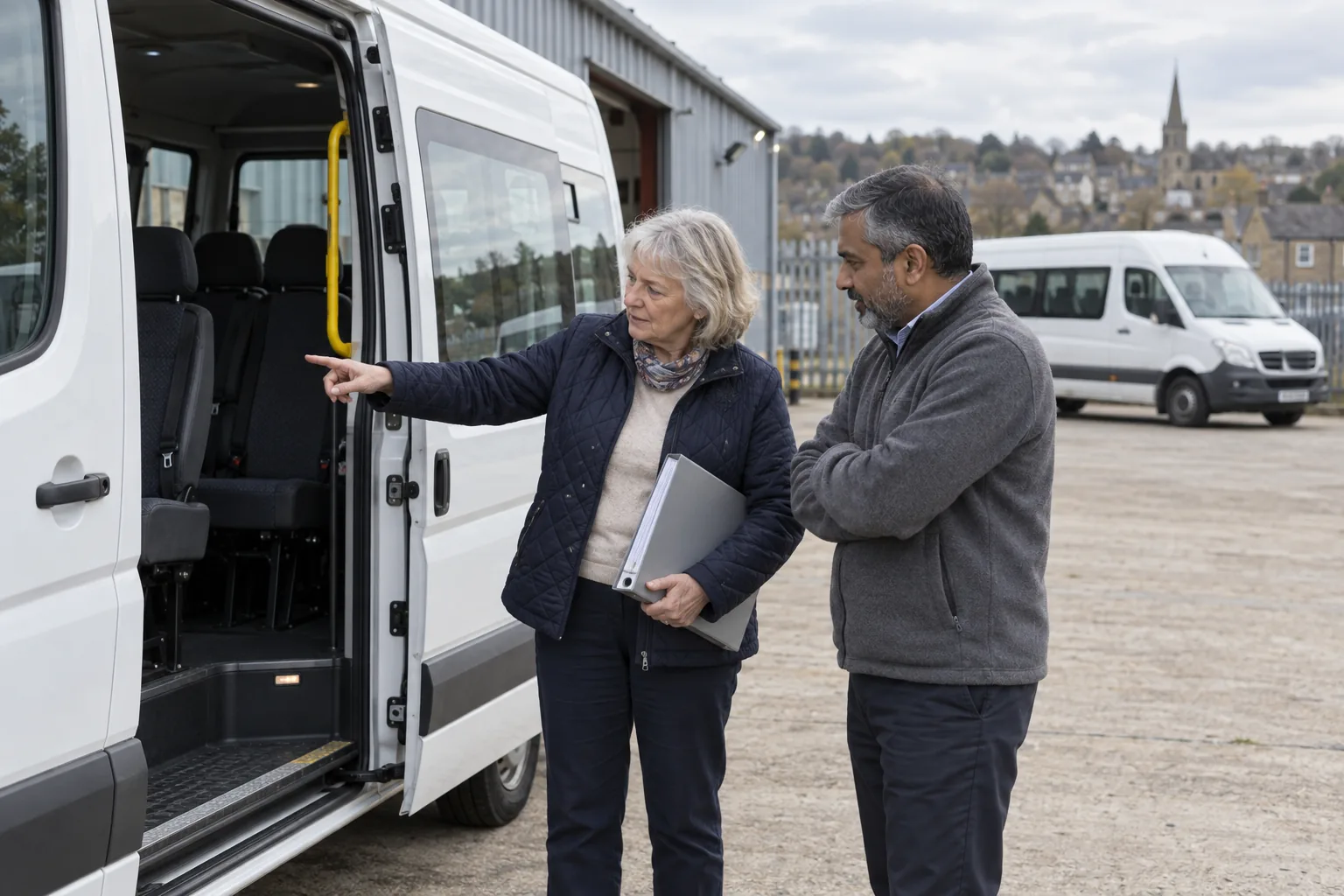 Two trustees of a community transport charity stand beside a plain white minibus with its side door open in a depot yard, one holding a ring binder