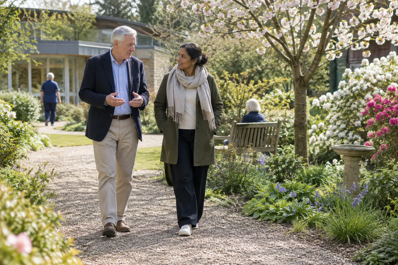 The chair of a hospice charity shows a newly appointed trustee round the hospice garden on a bright spring morning, the two walking side by side along a gravel path