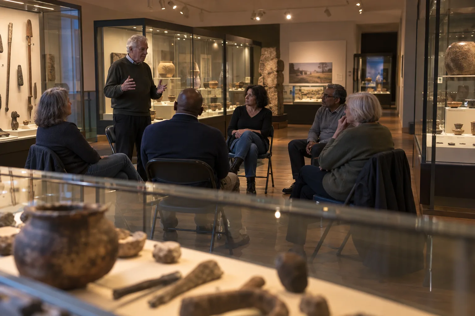 Trustees of a museum charity meet on folding chairs in a gallery after closing, display cases around them, one trustee standing to speak