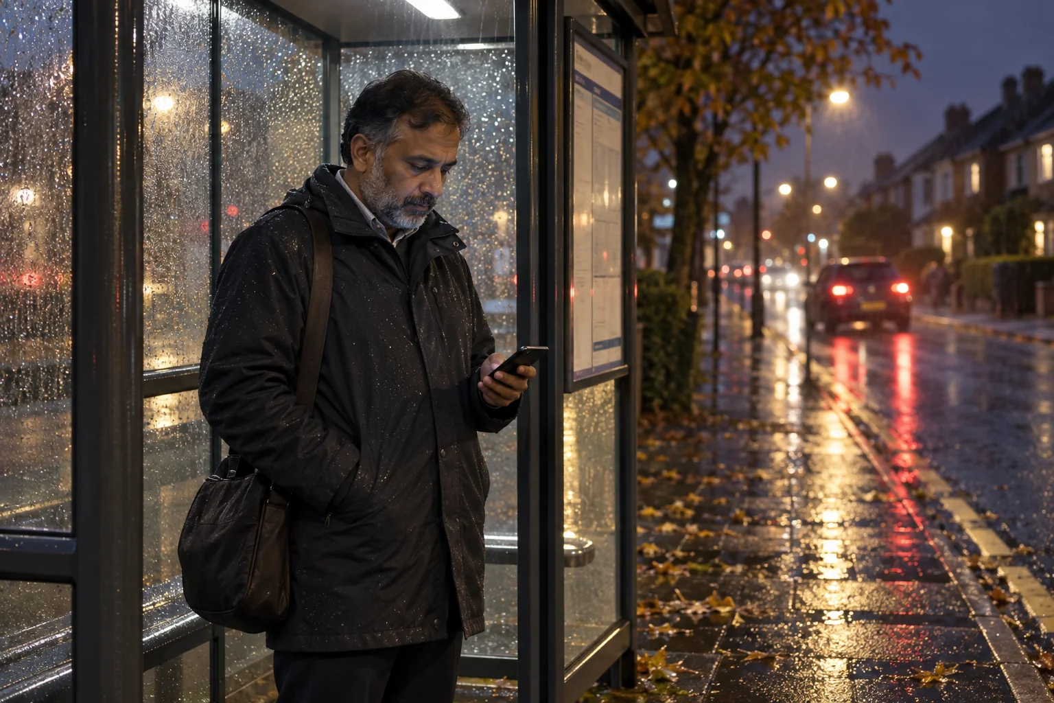 A trustee reads a message on a phone while waiting in a bus shelter on a rainy evening