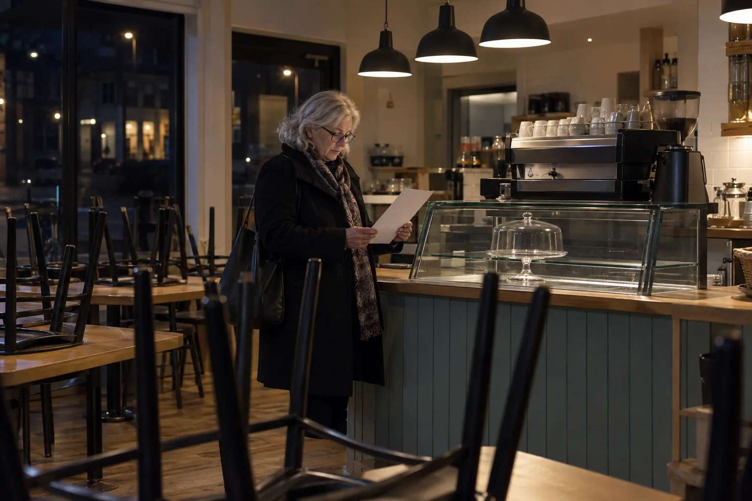 A trustee reads a paper beside the counter of a closed community café