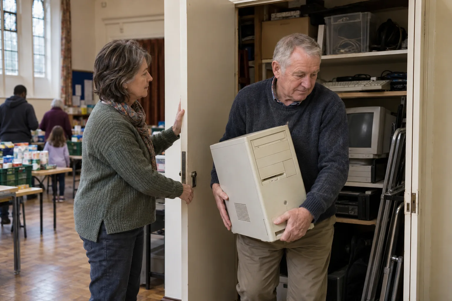 The treasurer of a small food bank charity carries an old desktop computer out of a church hall cupboard while the chair holds the door