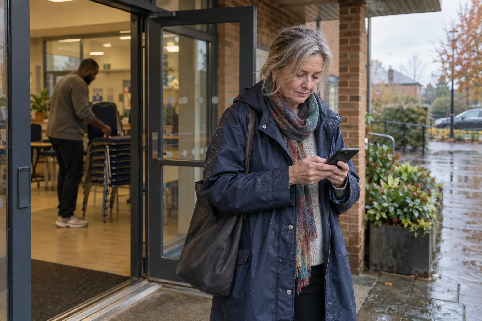 A charity trustee in a raincoat reads a message on her phone under the porch of a community centre on a wet afternoon, a volunteer stacking chairs visible through the glass door behind her