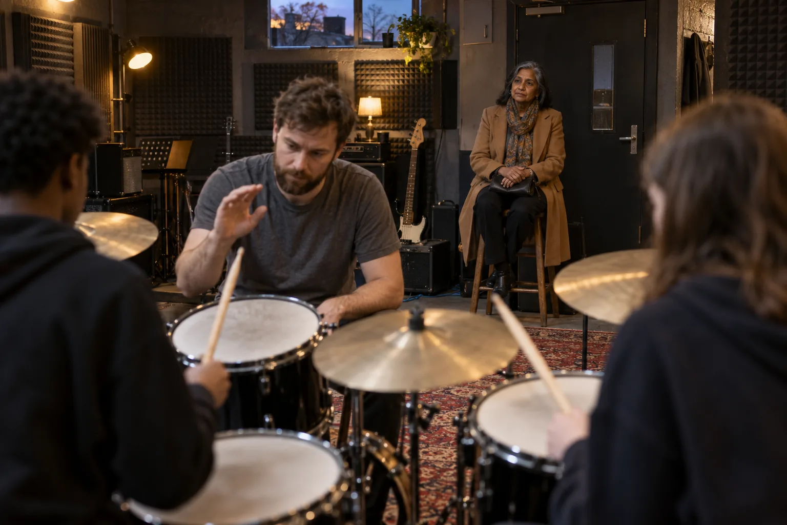 A new trustee sits on a stool at the back of a youth music charity's rehearsal studio, watching a tutor work with teenage drummers who are out of focus in the foreground