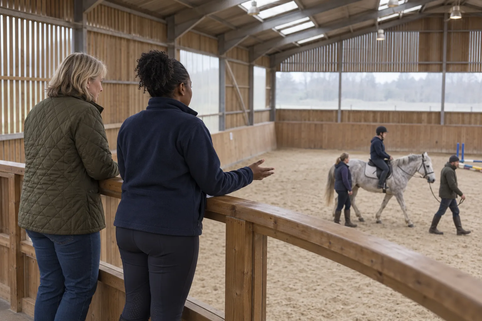 On her first visit as a new trustee, a woman in a quilted jacket stands at the viewing-gallery rail of a riding for disabled people charity’s indoor arena beside the centre manager, watching an adult rider being led round by two volunteers below