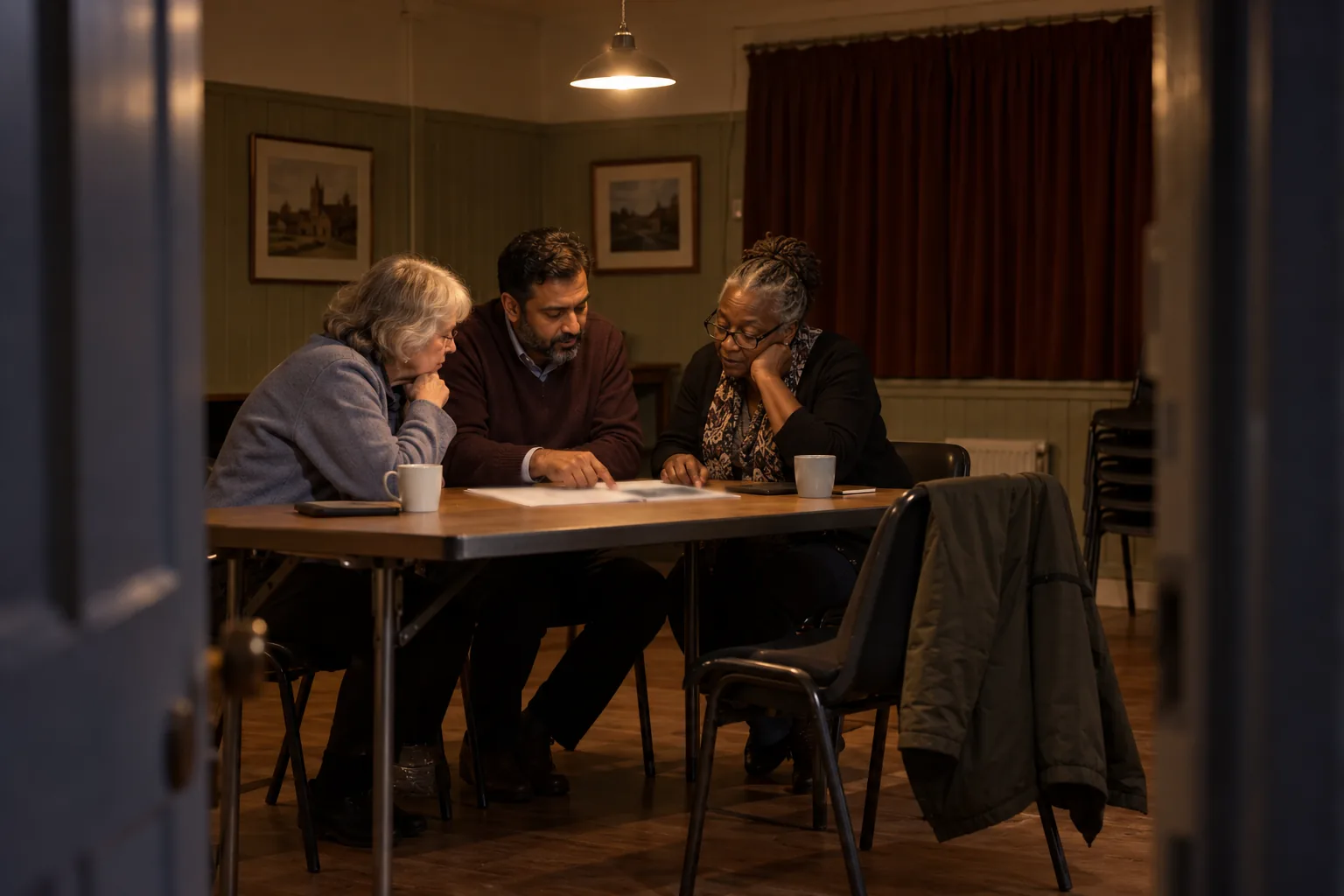 In the committee room of a village hall, three trustees look over a roofer’s written quote together while a fourth chair stands empty, a work jacket hung over its back