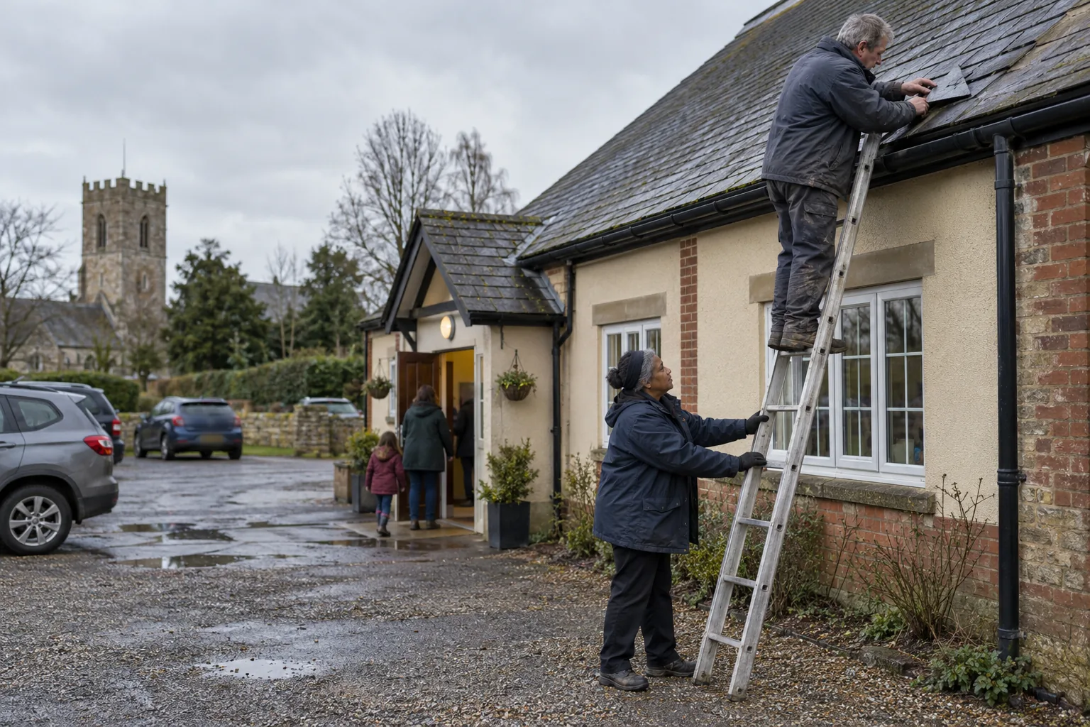 A roofer in a work jacket inspects slipped slates on the roof of a small village community hall from the top of a ladder, while a volunteer from the hall’s charity steadies the ladder below under an overcast sky