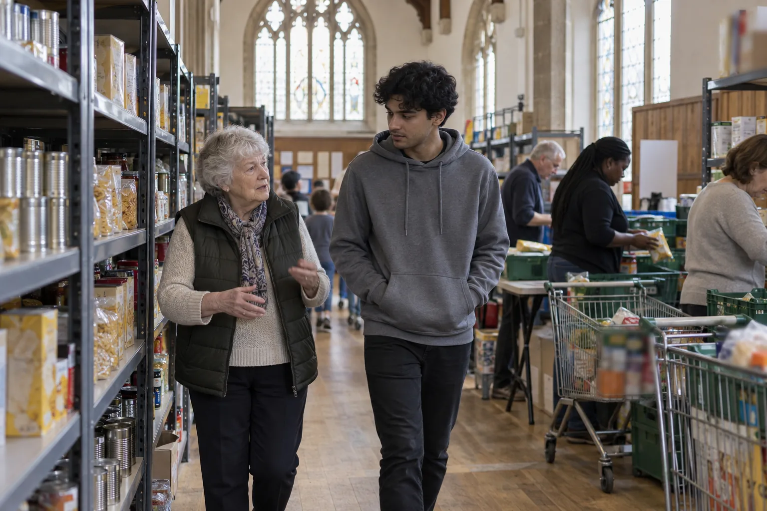 A long-serving trustee shows a newly appointed trustee round a food bank in a converted church hall, walking between shelves of tins and pasta while volunteers sort donations into trolleys