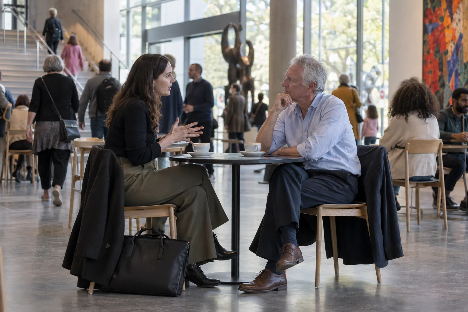 A charity chair listens as a prospective trustee talks over coffee at a table in a busy arts centre foyer, seen side-on from a few metres away