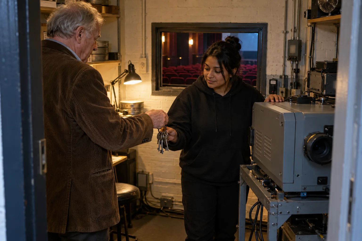 In the projection room of a community cinema charity, a departing trustee hands a ring of keys to the volunteer projectionist taking over from him, the projector beside them and the dark auditorium through the small port window