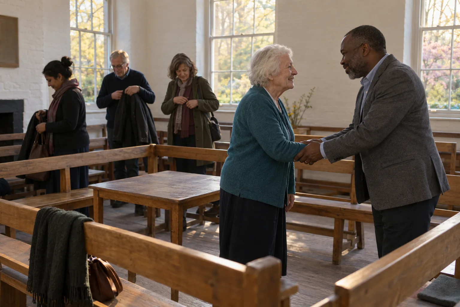 In the plain meeting room of a Quaker meeting house after her last board meeting, a retiring trustee shakes hands with the chair across the benches while other trustees pull on their coats in the spring evening light