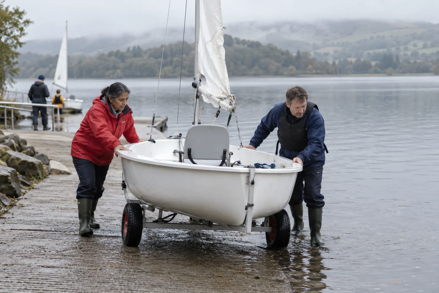 On a concrete slipway on a grey morning, a trustee of a disability sailing charity helps a volunteer instructor wheel an accessible dinghy on its launching trolley down to the water