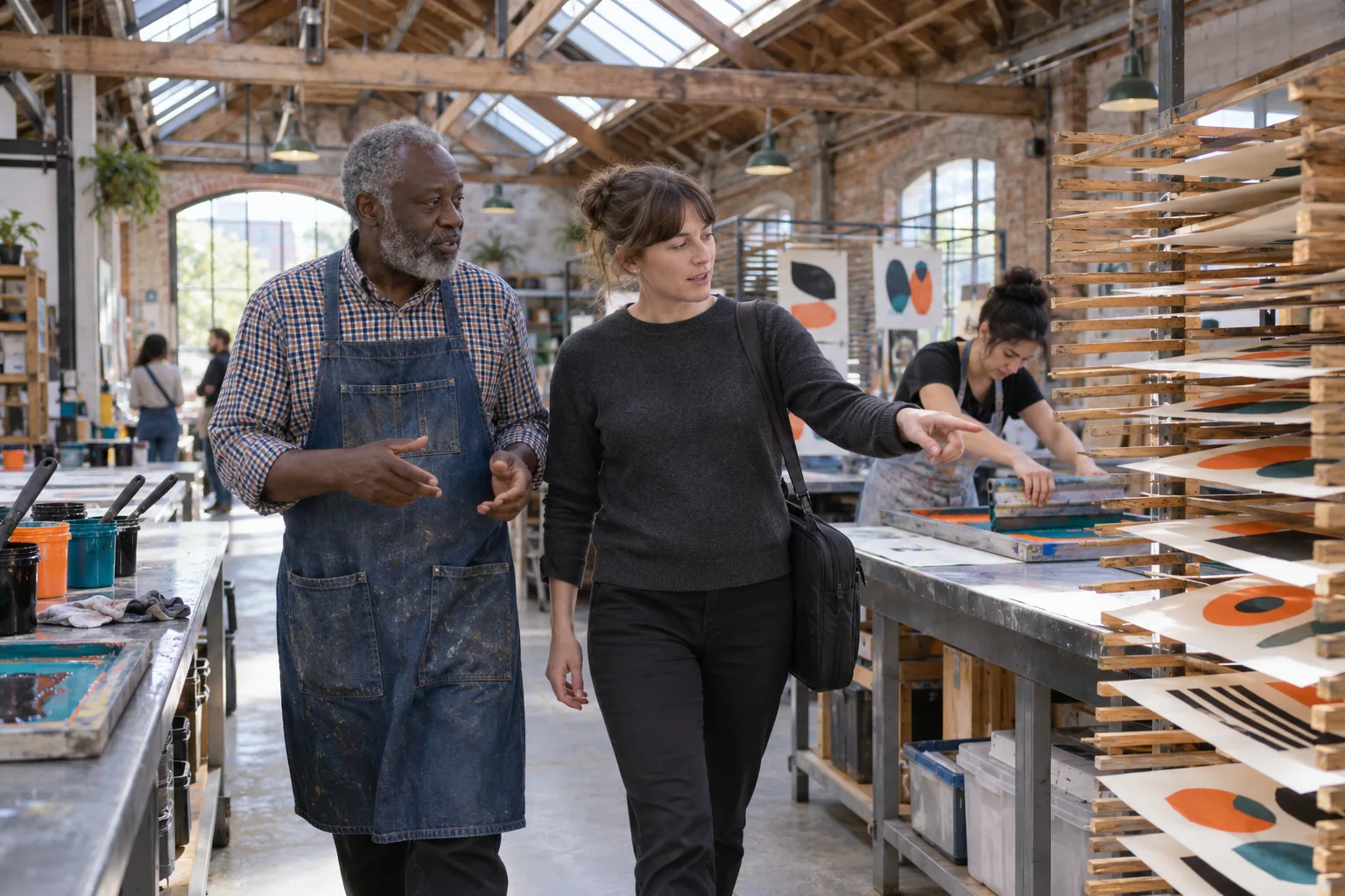 The chair of a community arts charity walks a newly co-opted trustee through the charity’s screen-printing studio, past drying racks of abstract colour prints, while a volunteer pulls a squeegee across a frame at the far bench