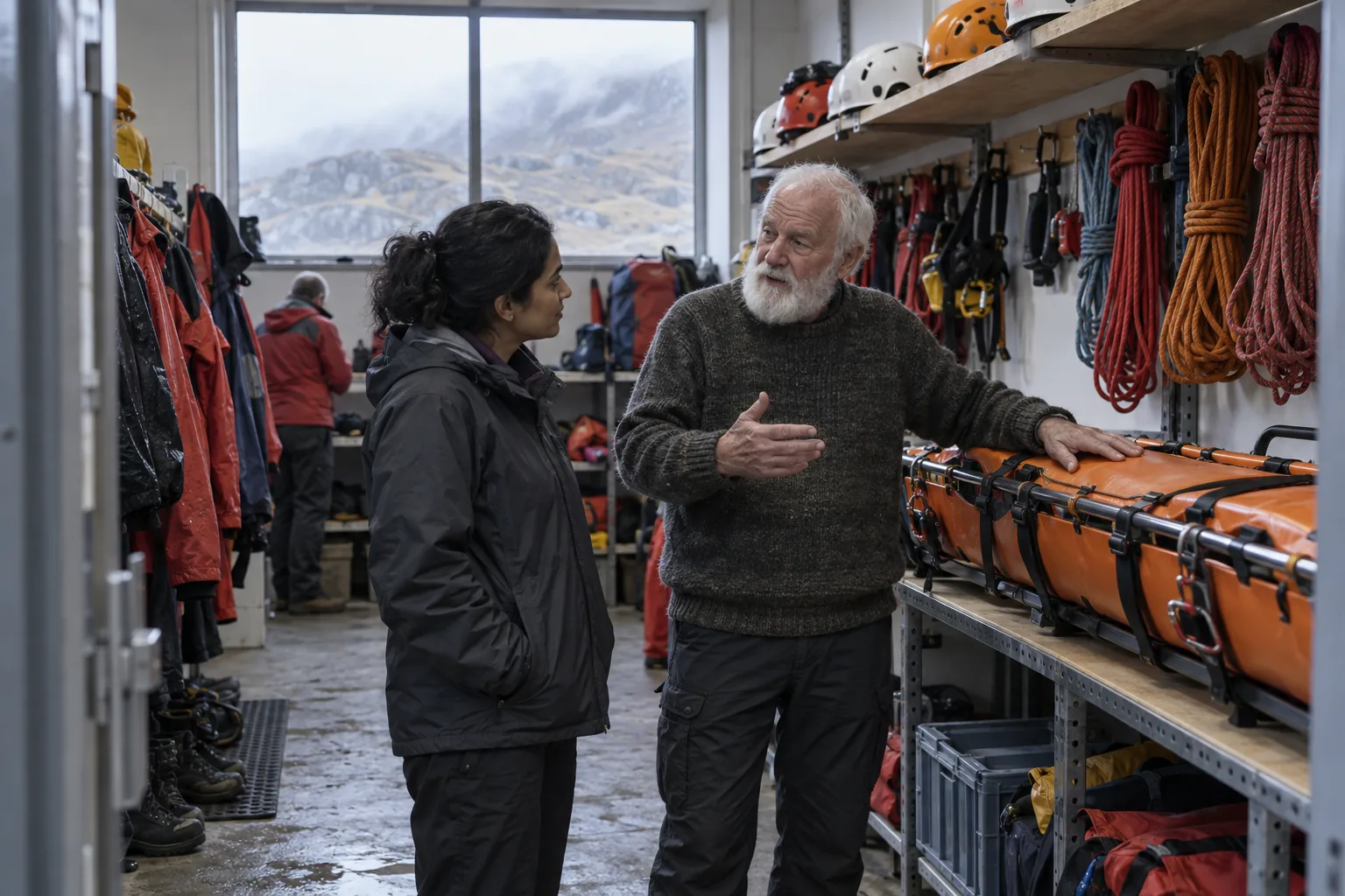 In the kit room of a mountain rescue charity’s base, a long-serving trustee talks with a newly appointed trustee among coiled ropes, helmets and a folded stretcher