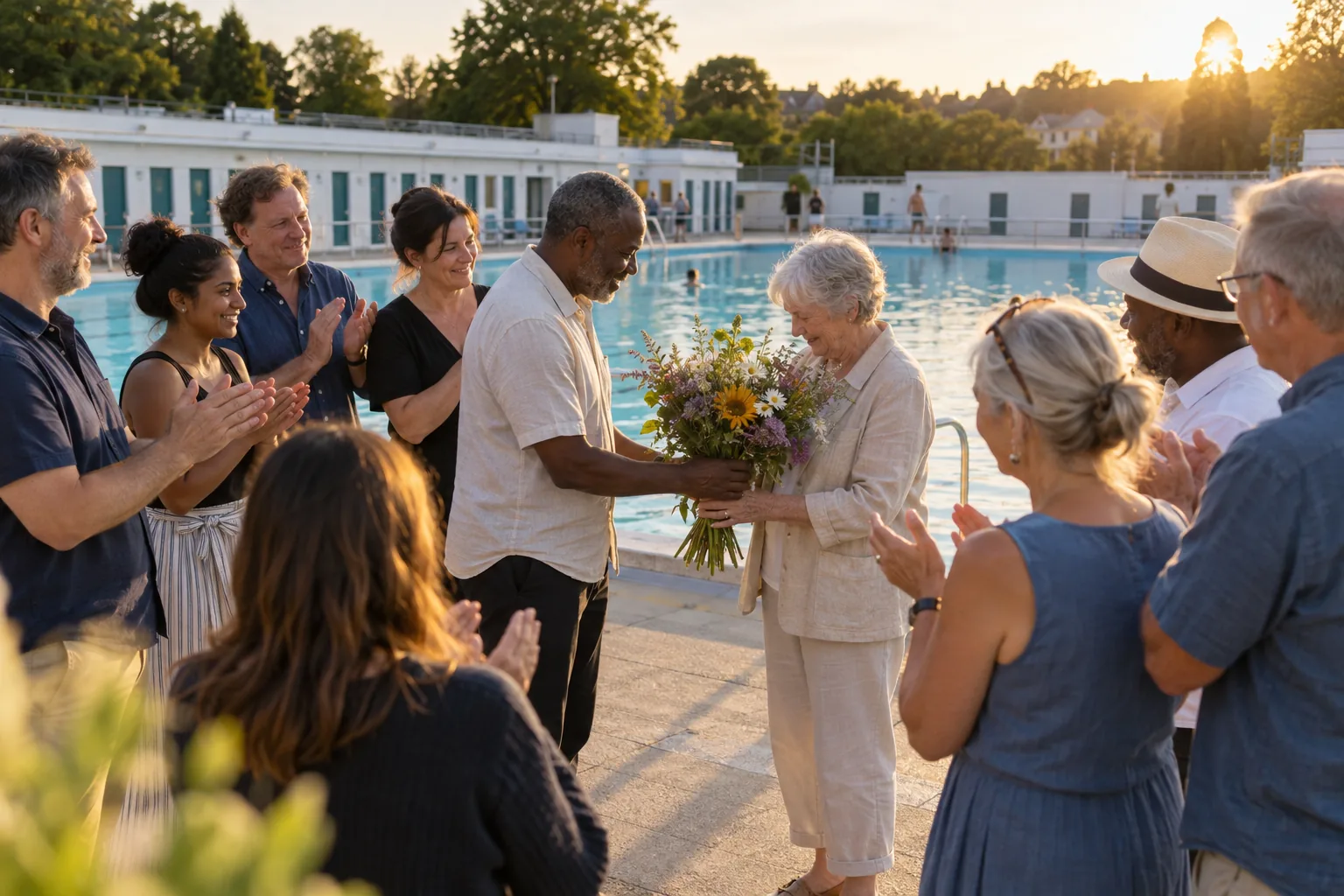On the terrace of a community lido on a summer evening, members of the charity applaud as the chair hands a bunch of garden flowers to a trustee stepping down after nine years