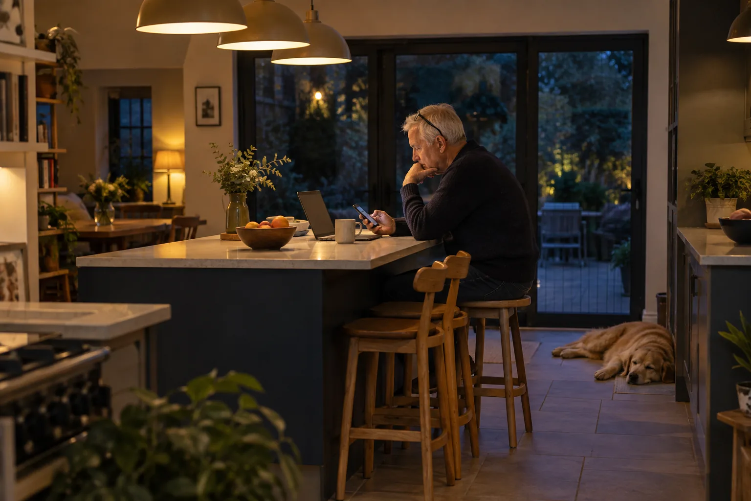 A trustee at a kitchen island in the evening reads a group chat on his phone, a laptop open beside him and a dog asleep on the floor