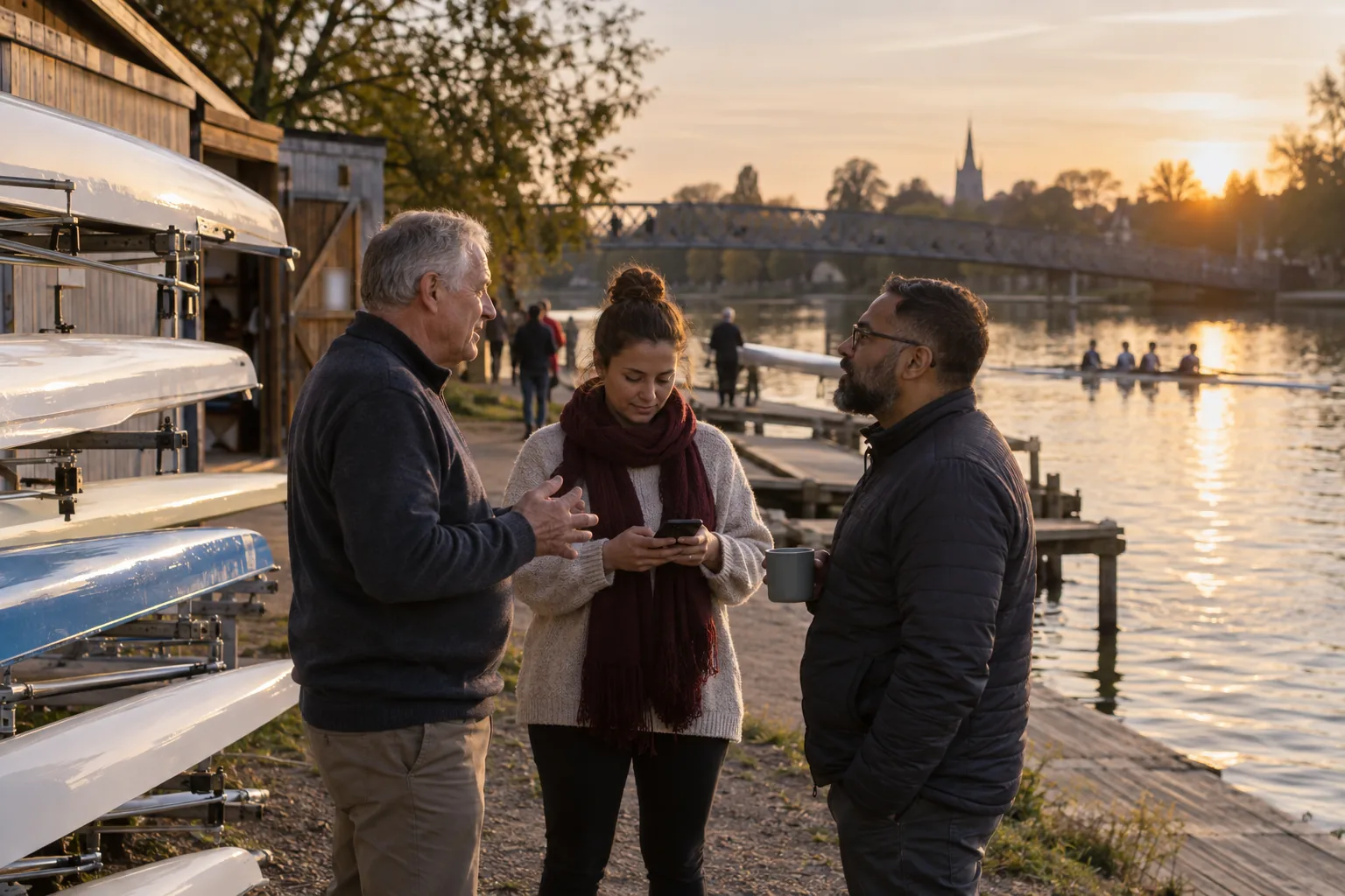 Trustees of a rowing club charity talk on the riverbank beside boats on racks at early evening, one of them reading a message on her phone
