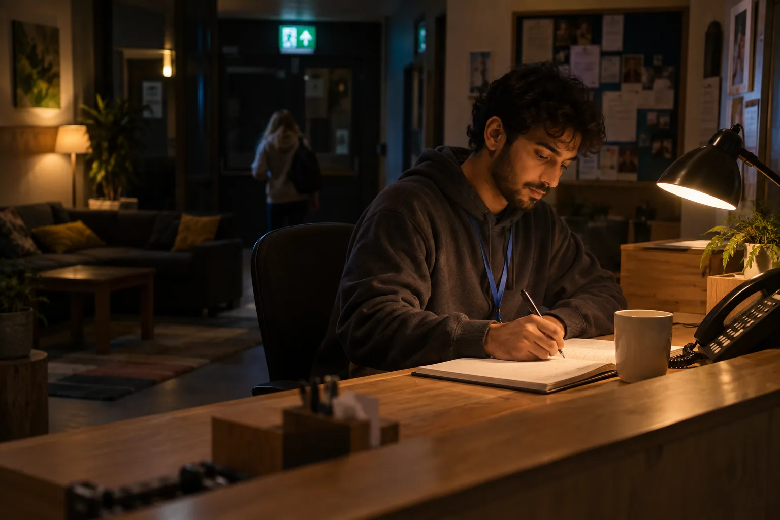 A night worker at a hostel front desk writes in a log under a desk lamp, the lobby dark behind him