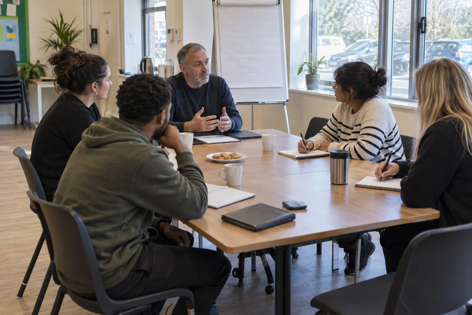 A safeguarding trainer talks with a small group of youth workers around a table in a community centre, a flipchart turned away