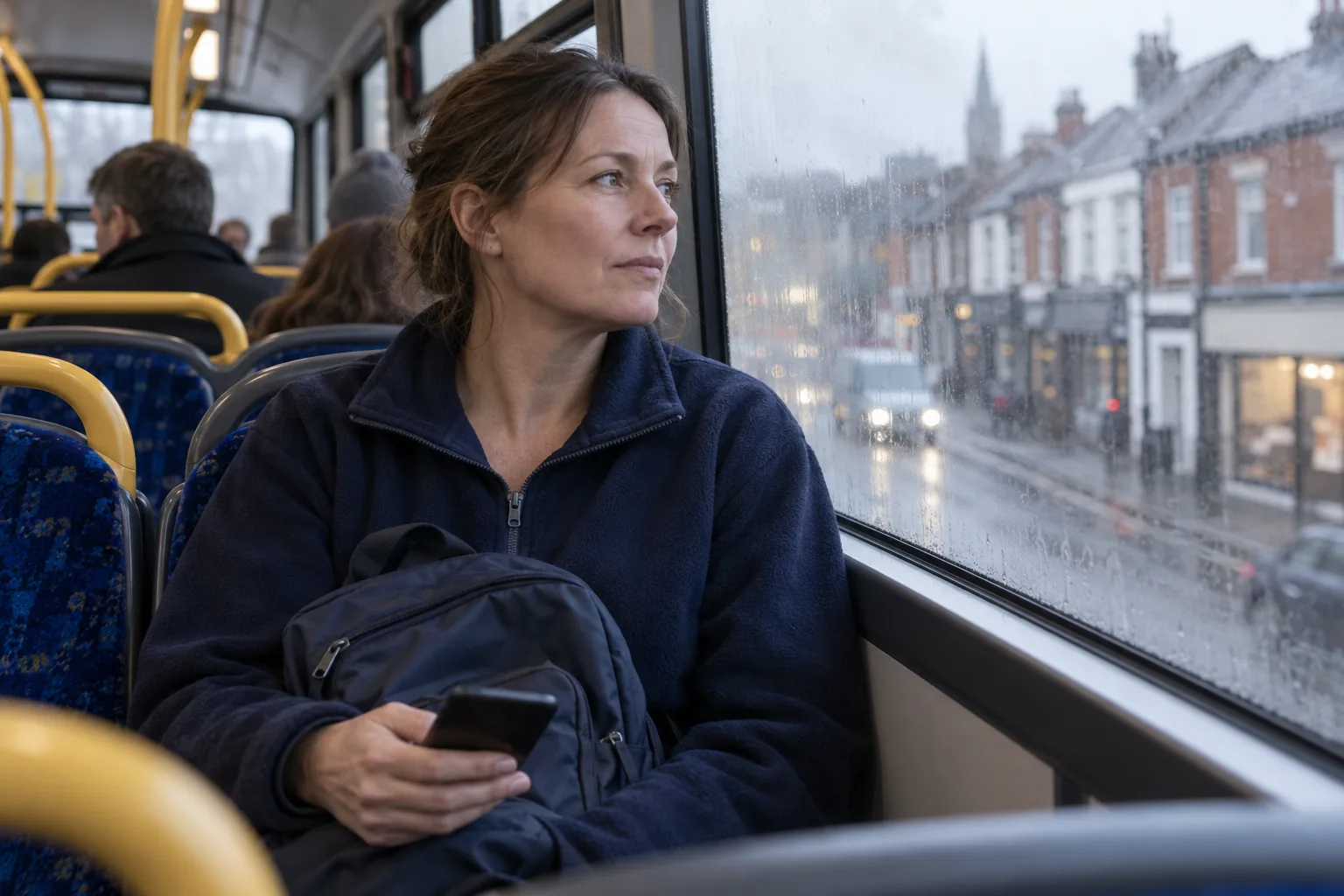 A care worker on a morning bus holds a phone in her lap and looks out of the window at the passing street