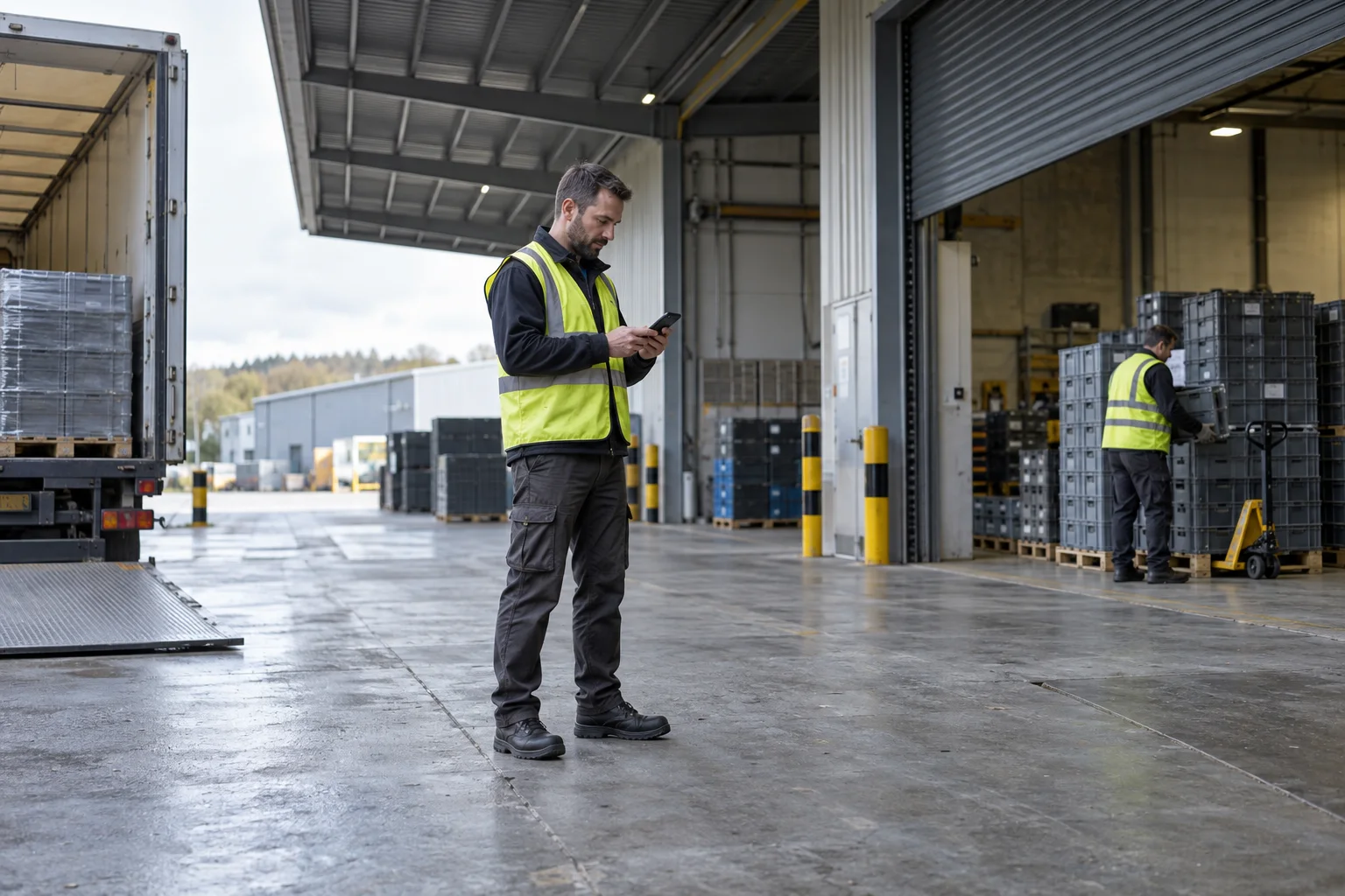 A supervisor checking work messages beside a loading bay