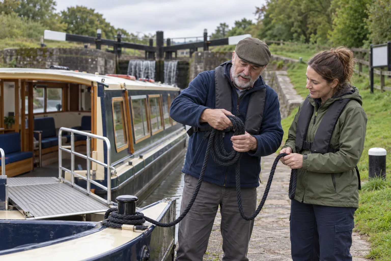 On a canal towpath beside a charity’s accessible trip boat, an experienced volunteer skipper shows a new volunteer crew member how to coil a mooring rope, both wearing life jackets, on an overcast spring morning with a lock gate in the background