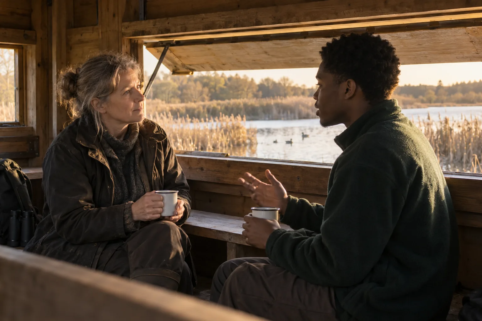 A volunteer manager and a young adult volunteer talk one to one on the bench of a wooden bird hide at a nature reserve charity, the viewing flap open onto a reedy lake in the late afternoon