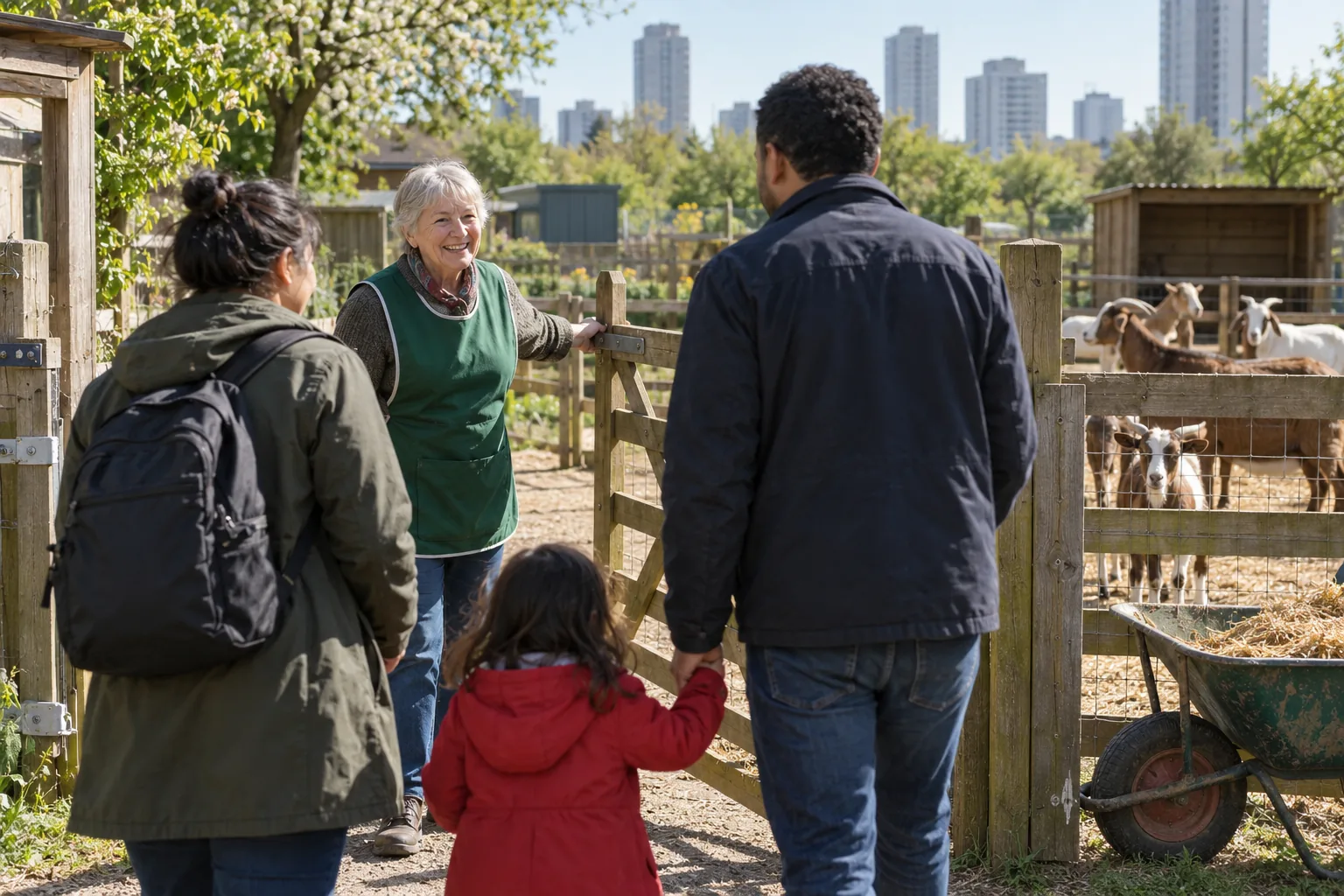 A volunteer in a green tabard welcomes a family at the gate of a city community farm on a bright spring morning, goats in a pen behind her and a wheelbarrow of straw by the fence