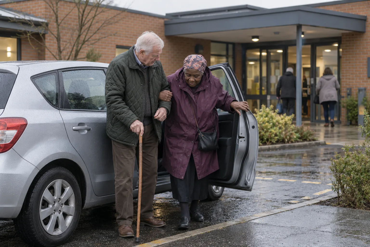 A volunteer driver in a quilted jacket helps an older woman out of the passenger seat of a small hatchback outside a village health centre on a damp morning, her walking stick in his other hand