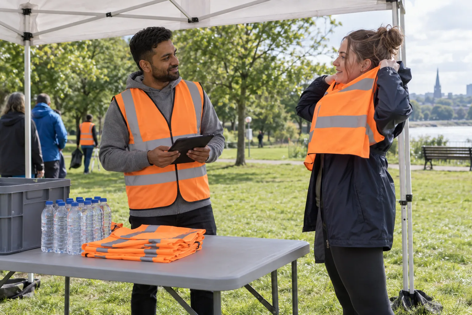 A volunteer coordinator checks arrivals on a tablet at a folding table under a marquee at a park event