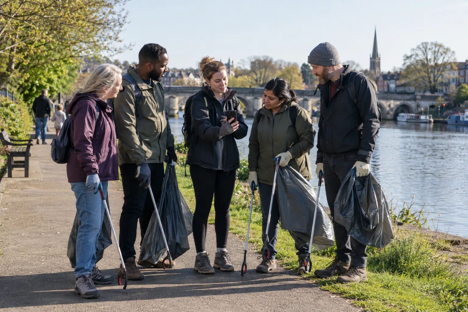 Volunteers from a litter-picking group gather on a riverside path on a Saturday morning, one holding up a phone to show the others the route